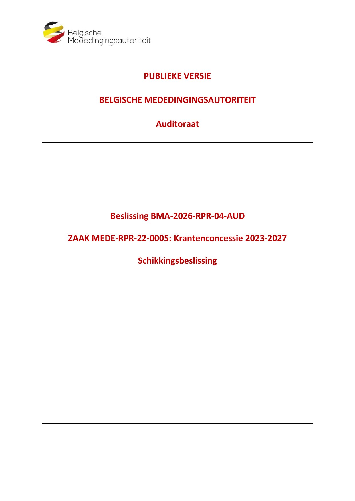 Première page officielle de la décision BMA-2026-RPR-04-AUD, avec l'identité visuelle de l'Autorité belge de la concurrence