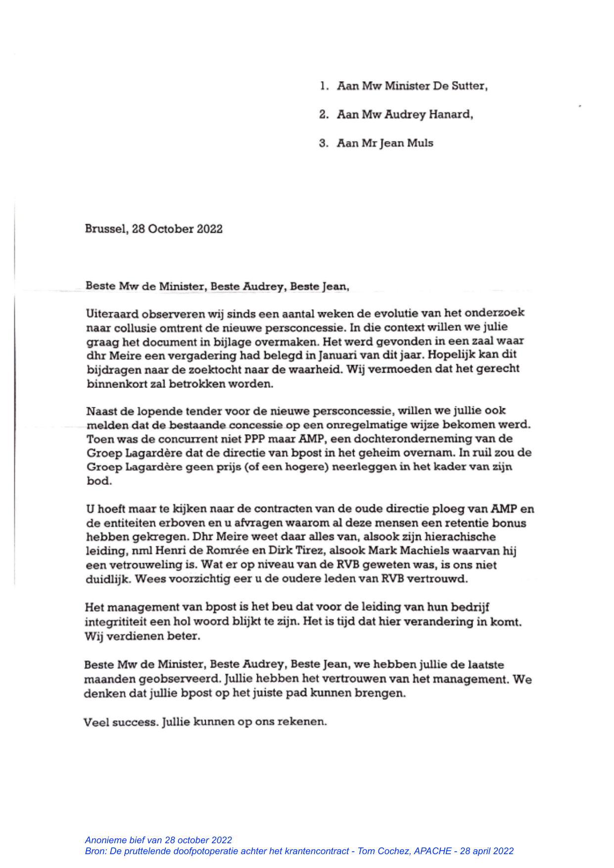 Première page de la lettre anonyme du 28 octobre 2022, adressée à la ministre Petra De Sutter, Audrey Hanard et Jean Muls